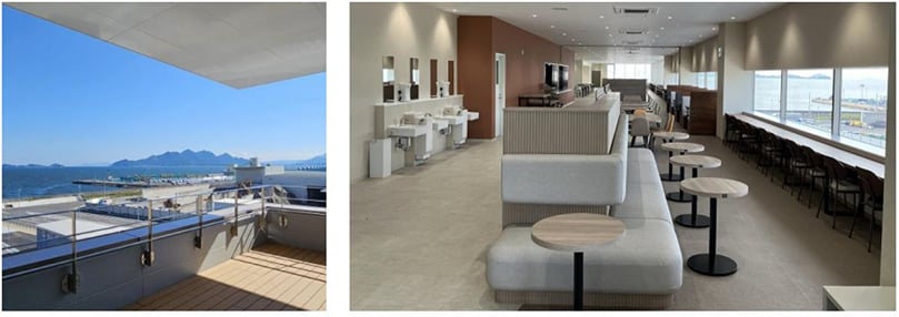Spacious facilities with a panoramic view of the Seto Inland Sea (left: balcony, right: cafeteria) Spacious facilities with a panoramic view of the Seto Inland Sea (left: balcony, right: cafeteria)