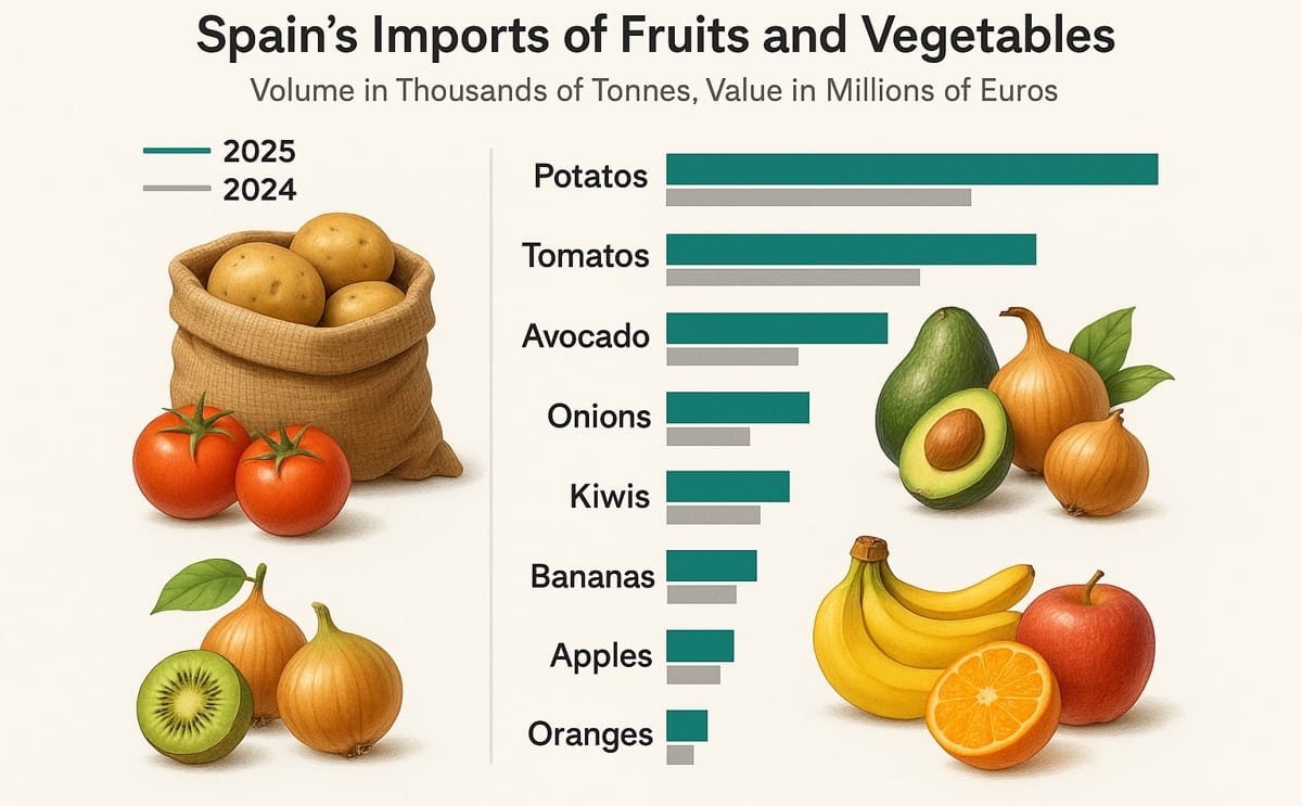 Las importaciones españolas de frutas y hortalizas siguieron creciendo en 2025, con la patata como el producto más importado y fuertes aumentos en tomate, cebolla, aguacate, kiwi y plátano.