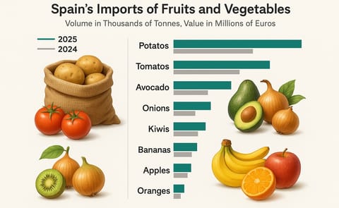 Las importaciones españolas de frutas y hortalizas siguieron creciendo en 2025, con la patata como el producto más importado y fuertes aumentos en tomate, cebolla, aguacate, kiwi y plátano. Las importaciones españolas de frutas y hortalizas siguieron creciendo en 2025, con la patata como el producto más importado y fuertes aumentos en tomate, cebolla, aguacate, kiwi y plátano.
