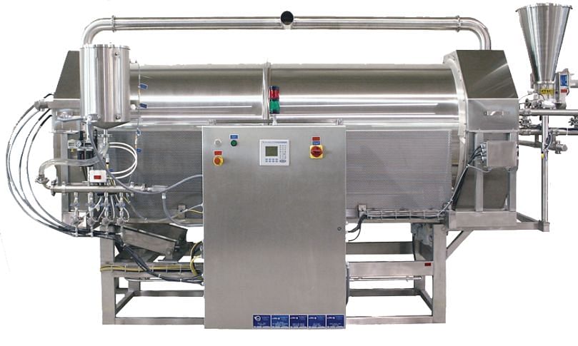 The Spray Dynamics two-stage coating system provides consistent, uniform application of liquid and dry coatings on extruded, baked, frozen, and fried products.