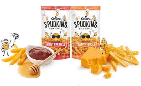 Calbee's Spudkins are potato snacks cut directly from Russet potatoes and cooked with a special method that requires 25% less oil than traditional potato chips. Calbee's Spudkins are potato snacks cut directly from Russet potatoes and cooked with a special method that requires 25% less oil than traditional potato chips.
