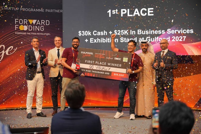 Winners of the inaugural World Agri-FoodTech Startup Challenge celebrate on stage at Gulfood 2026, highlighting innovation, investment, and scalable food-tech solutions.