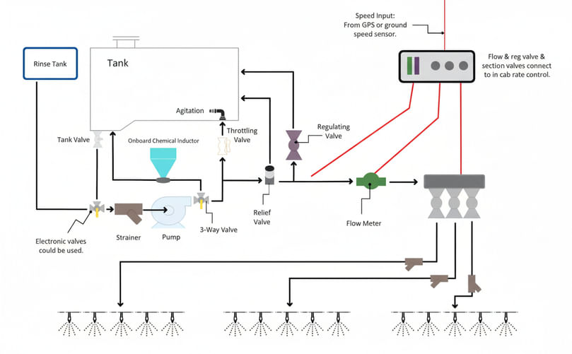 Complex boom sprayer plumbing diagram with rinse tank, chemical inductor tank, regulating valves and three-section control.