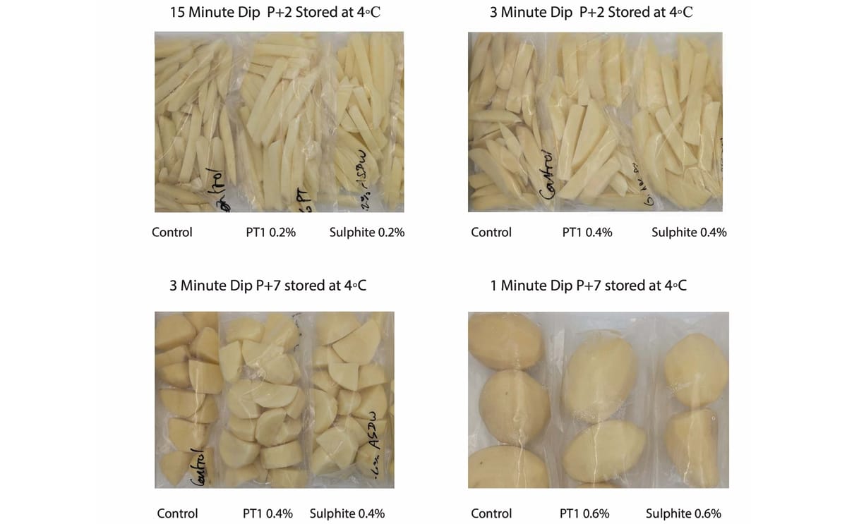 Comparison of fresh-cut potatoes treated with NatureSeal PT1 and sulphite solutions under different dip times and concentrations, showing colour stability after refrigerated storage at 4°C. Comparison of fresh-cut potatoes treated with NatureSeal PT1 and sulphite solutions under different dip times and concentrations, showing colour stability after refrigerated storage at 4°C.