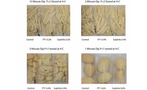 Colour comparison of fresh-cut potatoes treated with NatureSeal PT1, sulphite and untreated control after refrigerated storage at 4°C. Colour comparison of fresh-cut potatoes treated with NatureSeal PT1, sulphite and untreated control after refrigerated storage at 4°C.