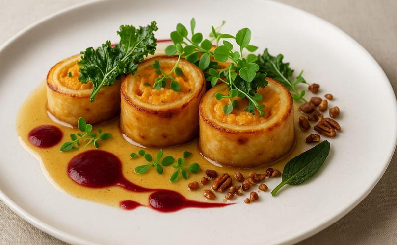 Sweet Potato and Ricotta Rotolo served with brown butter sage emulsion, beet coulis, crispy kale and toasted pecans, highlighting the vibrant flavors of Sweet Potato Awareness Month. Sweet Potato and Ricotta Rotolo served with brown butter sage emulsion, beet coulis, crispy kale and toasted pecans, highlighting the vibrant flavors of Sweet Potato Awareness Month.