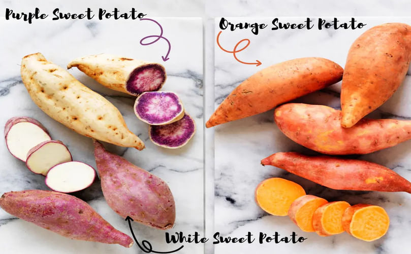 Cut-open sweet potatoes showcasing orange, purple, and white varieties, illustrating their colorful flesh and nutritional diversity. Cut-open sweet potatoes showcasing orange, purple, and white varieties, illustrating their colorful flesh and nutritional diversity.