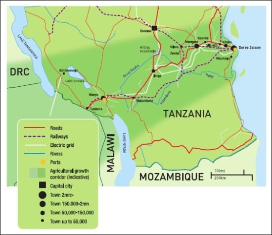 The Southern Agricultural Growth Corridor Tanzania (SAGCOT) covers approximately one-third of mainland Tanzania. It extends north and south of the central rail, road and power ‘backbone’ that runs from Dar es Salaam to the northern areas of Zambia and Malawi. The Southern Agricultural Growth Corridor Tanzania (SAGCOT) covers approximately one-third of mainland Tanzania. It extends north and south of the central rail, road and power ‘backbone’ that runs from Dar es Salaam to the northern areas of Zambia and Malawi.