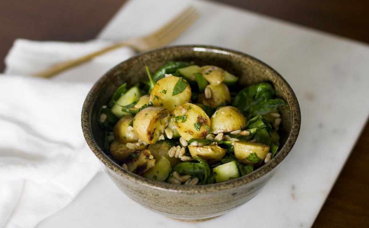 One of Tasteful Selections Recipes: Warm Farro Salad with Honey Gold Potatoes and Spinach