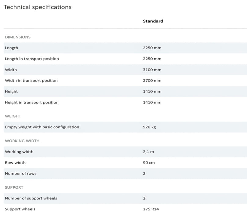 Technical Specification of Grimme HT 210