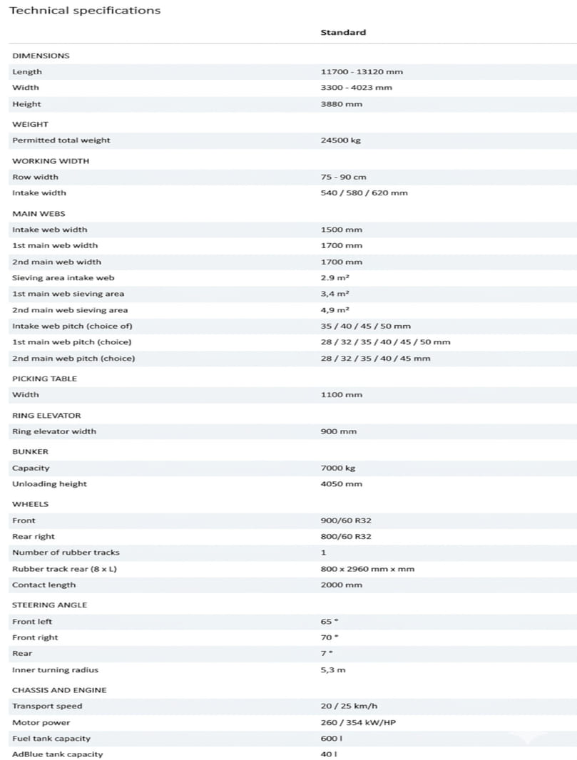 Technical Specification of Grimme The new VARITRON 270 TERRA TRAC