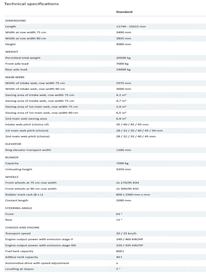 Technical Specification of Grimme VARITRON 470 TERRA TRAC