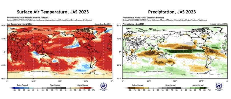 Probabilistic forecasts of surface air temperature and precipitation for the season July-September 2023. The baseline period is 1993–2009
