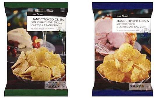 Tesco Crispmas Dinner Collection: Yorkshire Wensleydale Cheese and cranberry flavour (left) and winter spiced cumberland gammon crisps (right) Tesco Crispmas Dinner Collection: Yorkshire Wensleydale Cheese and cranberry flavour (left) and winter spiced cumberland gammon crisps (right)