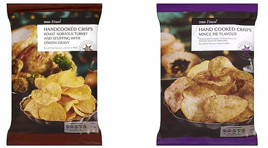 Tesco Crispmas Dinner Collection: Roast Norfolk Turkey and stuffing with onion gravy flavour (left) and mince pie flavour (right) Tesco Crispmas Dinner Collection: Roast Norfolk Turkey and stuffing with onion gravy flavour (left) and mince pie flavour (right)