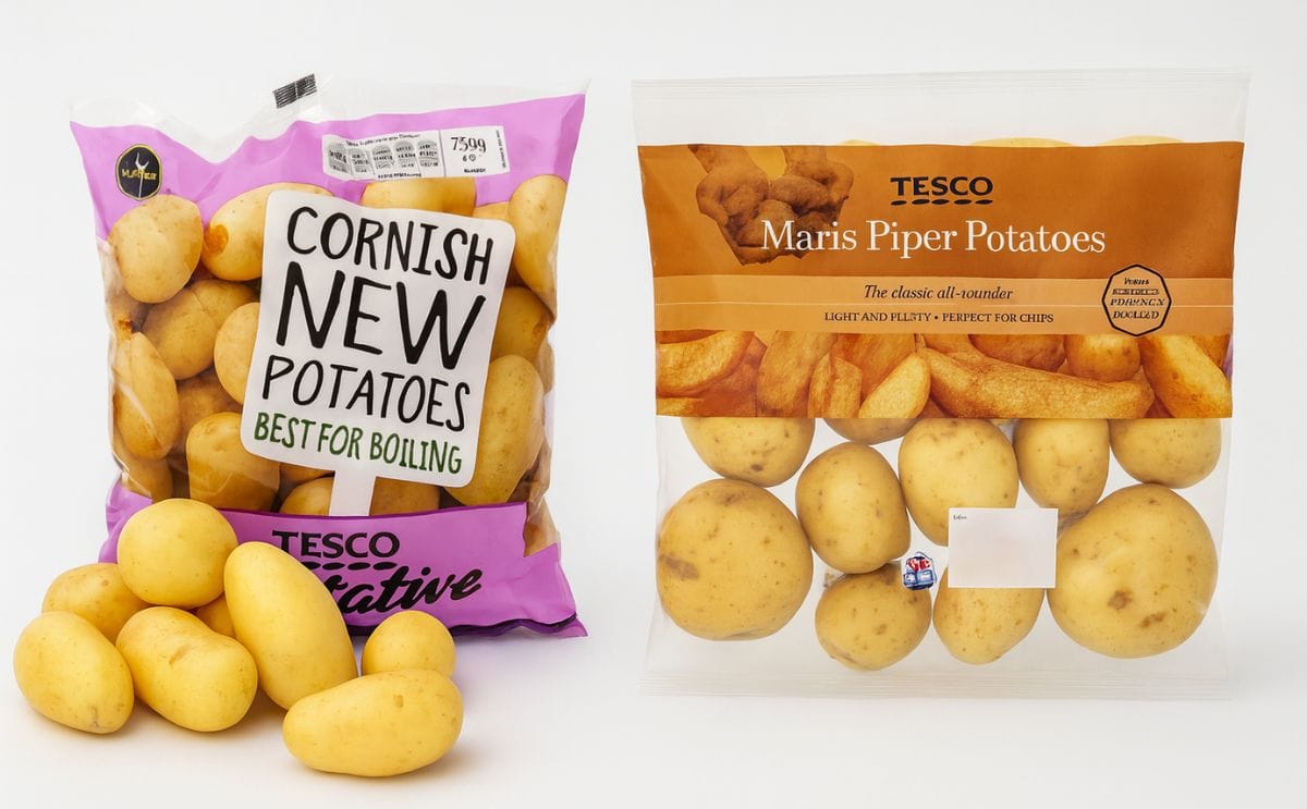 Two examples of packed potatoes at UK retailer Tesco. At the left a specialty item, Cornish New Potatoes in a small 750g bag and at the right the "classic all-rounder" on the British potato market, the Maris Piper in a 2.5 kg packaging. (packages left and