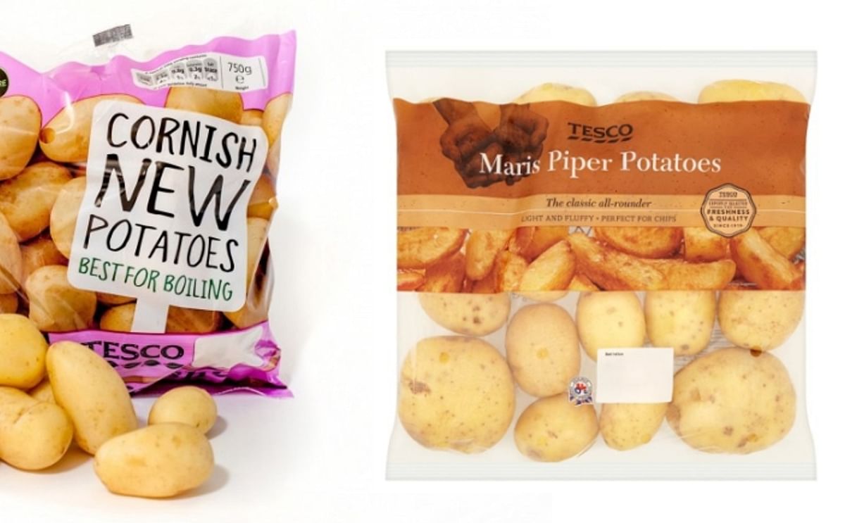 Two examples of packed potatoes at UK retailer Tesco. At the left a specialty item, Cornish New Potatoes in a small 750g bag and at the right the "classic all-rounder" on the British potato market, the Maris Piper in a 2.5 kg packaging. (packages left and
