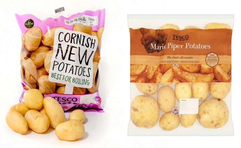 Two examples of packed potatoes at UK retailer Tesco. At the left a specialty item, Cornish New Potatoes in a small 750g bag and at the right the "classic all-rounder" on the British potato market, the Maris Piper in a 2.5 kg packaging. (packages left and