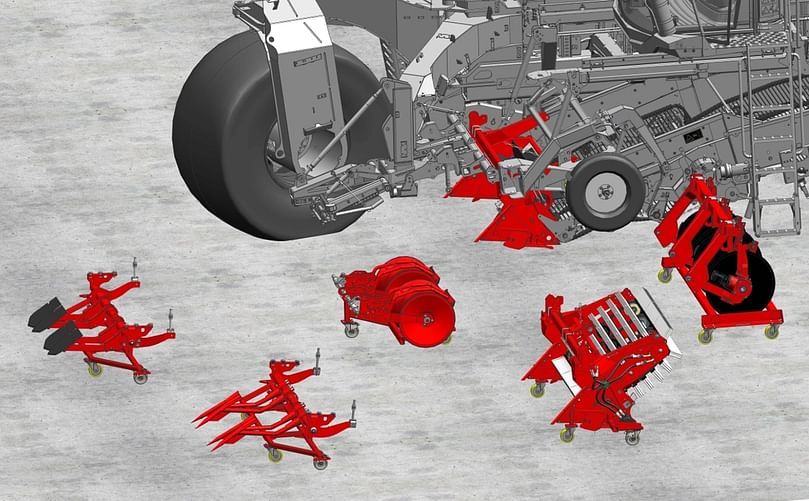 Thanks to the harmonised mechanical coupling points on the GRIMME VARITRON harvesters, it is possible to quickly switch between different components, for example for the intake of windrowed crops or for harvesting carrots. Thanks to the harmonised mechanical coupling points on the GRIMME VARITRON harvesters, it is possible to quickly switch between different components, for example for the intake of windrowed crops or for harvesting carrots.