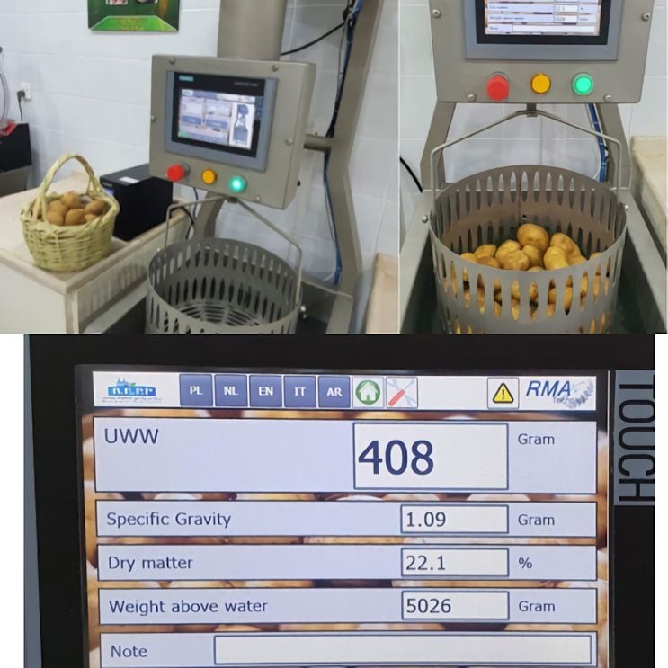 Advanced equipment to estimate the dry matter content of potatoes by weighing in water Advanced equipment found dry matter content