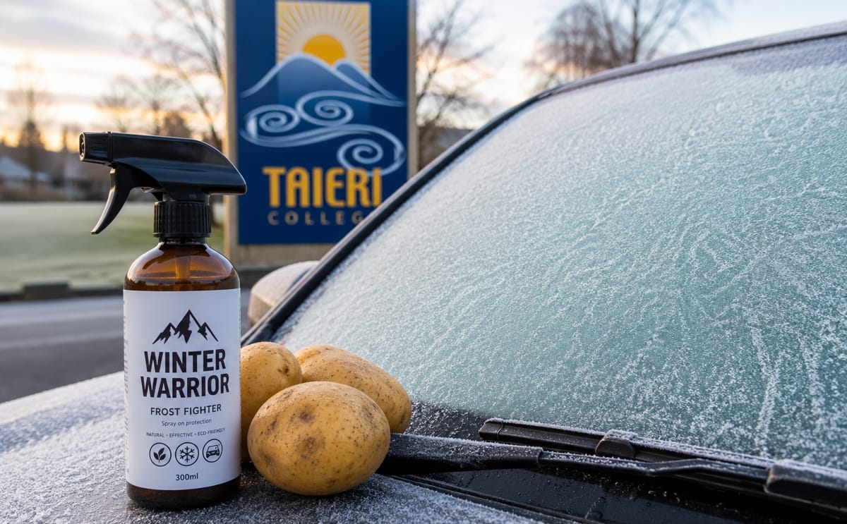 Developed by Taieri College students, the potato-based Winter Warrior spray helps prevent frost formation on car windscreens, reducing the need for morning scraping.