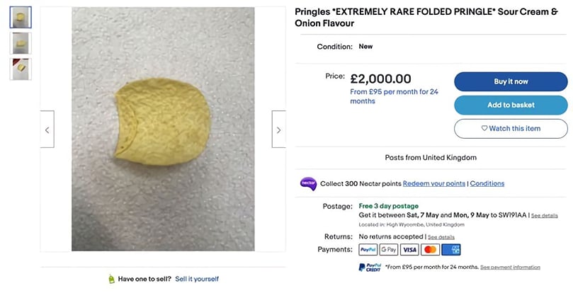 The seller claims the Pringle is 'extremely rare'. Courtesy: eBay/Triangle News The seller claims the Pringle is 'extremely rare'. Courtesy: eBay/Triangle News