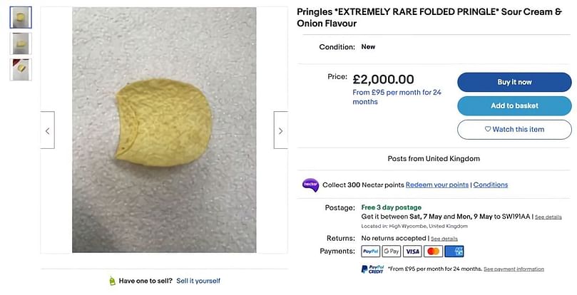 The seller claims the Pringle is 'extremely rare'. Courtesy: eBay/Triangle News The seller claims the Pringle is 'extremely rare'. Courtesy: eBay/Triangle News