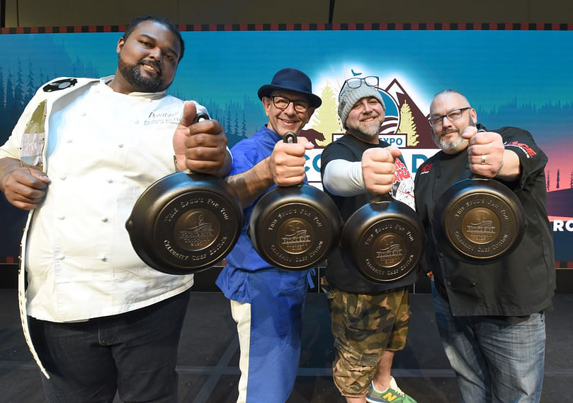 This Spud’s for You – Celebrity Chef Edition contestants pose with commemorative Potato Expo skillets after the event. Pictured left to right: Chef RJ Harvey, Chef Simon Majumdar, Chef Duff Goldman, and Chef Jason Morse. Courtesy: Potato Expo and Bill Schaefer Photography