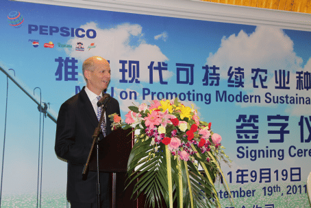 Tim Minges, Chairman of PepsiCo's Greater China Region speaking at the signing ceremony Tim Minges, Chairman of PepsiCo's Greater China Region speaking at the signing ceremony