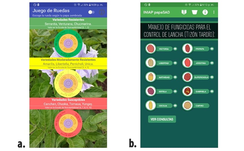 Mobile apps to help farmers manage potato late blight: a) disc tools; and b) INIAP PapaSAD, based on original disc-tool panels. Mobile apps to help farmers manage potato late blight: a) disc tools; and b) INIAP PapaSAD, based on original disc-tool panels.