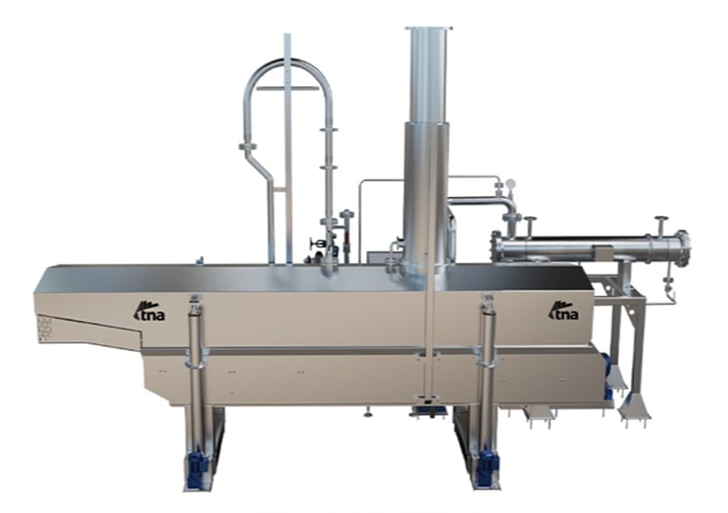 tna conti-pro® PEL 3 high-performance pellet fryer, showcased by TNA Solutions at PACK EXPO Las Vegas 2025, featuring a low-oil-volume design, four-belt frying system, and integrated continuous filtration for consistent, efficient snack production.