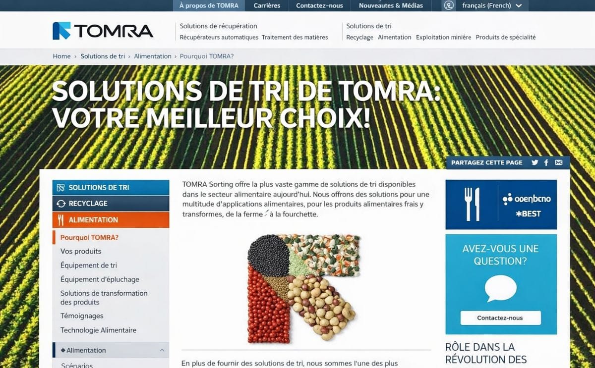 Screenshot of the new French language version of the TOMRA website.
