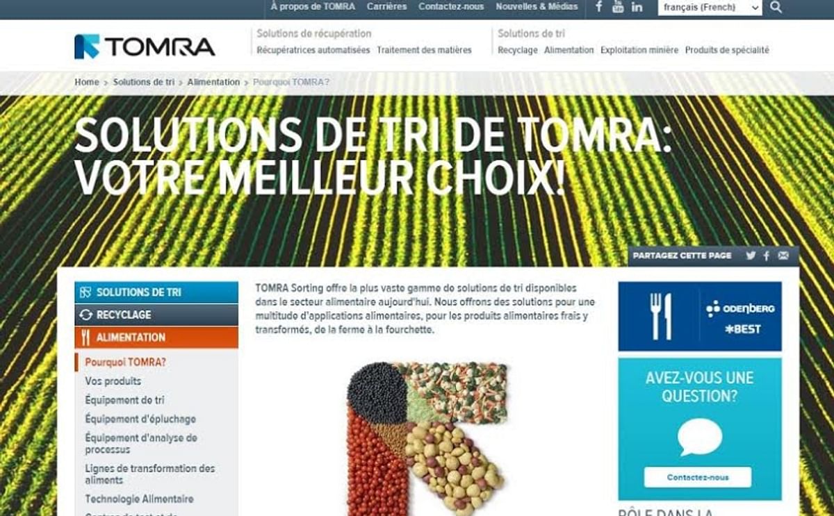 Screenshot of the new French language version of the TOMRA website.