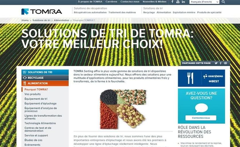 Screenshot of the new French language version of the TOMRA website.
