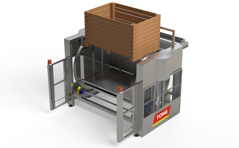 Tong E-Tip All-Electric Box Tipper. After tipping, the box is ejected Tong E-Tip All-Electric Box Tipper. After tipping, the box is ejected