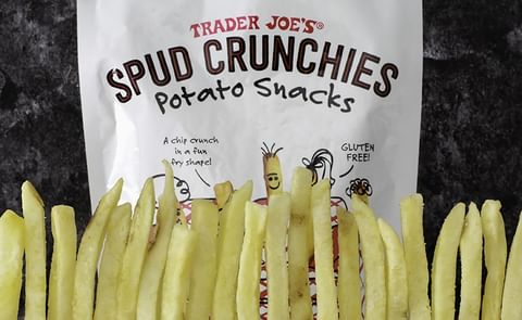 The new Trader Joe’s Spud Crunchies Potato Snacks deliver the joy of flat crispy, crunchy potato pieces in a spear-shaped, fry-like form The new Trader Joe’s Spud Crunchies Potato Snacks deliver the joy of flat crispy, crunchy potato pieces in a spear-shaped, fry-like form
