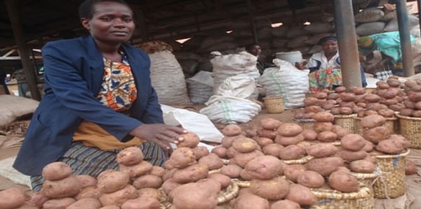 Women selling Irish potatoes in a Ugandan food market