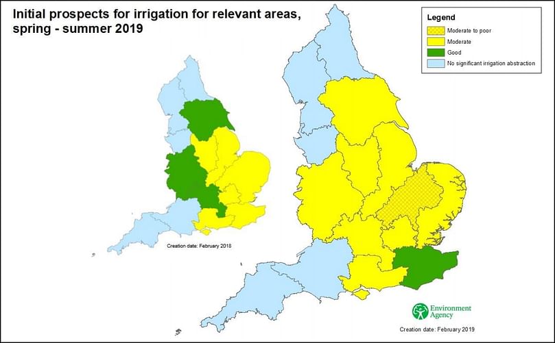 Initial prospects for irrigation for relevant areas, spring - summer 2019(Courtesy: NFU / Environment Agency) Initial prospects for irrigation for relevant areas, spring - summer 2019(Courtesy: NFU / Environment Agency)