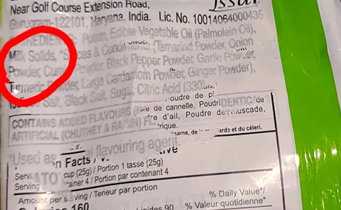 A nutritional info sticker was placed over the original list of ingredients indicating Uncle Chipps contained milk solids. Rupa Singh, whose daughter is allergic to milk protein, said the new sticker did not mention any milk ingredients. (Courtesy: Rupa S A nutritional info sticker was placed over the original list of ingredients indicating Uncle Chipps contained milk solids. Rupa Singh, whose daughter is allergic to milk protein, said the new sticker did not mention any milk ingredients. (Courtesy: Rupa S