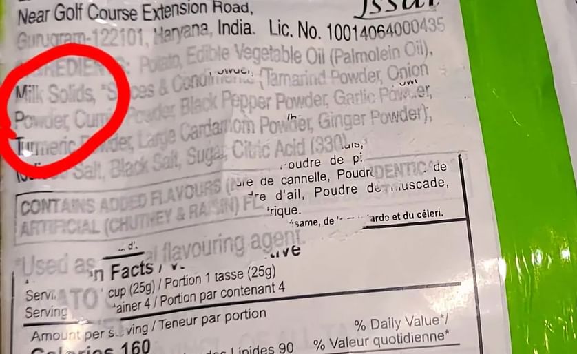 A nutritional info sticker was placed over the original list of ingredients indicating Uncle Chipps contained milk solids. Rupa Singh, whose daughter is allergic to milk protein, said the new sticker did not mention any milk ingredients. (Courtesy: Rupa S