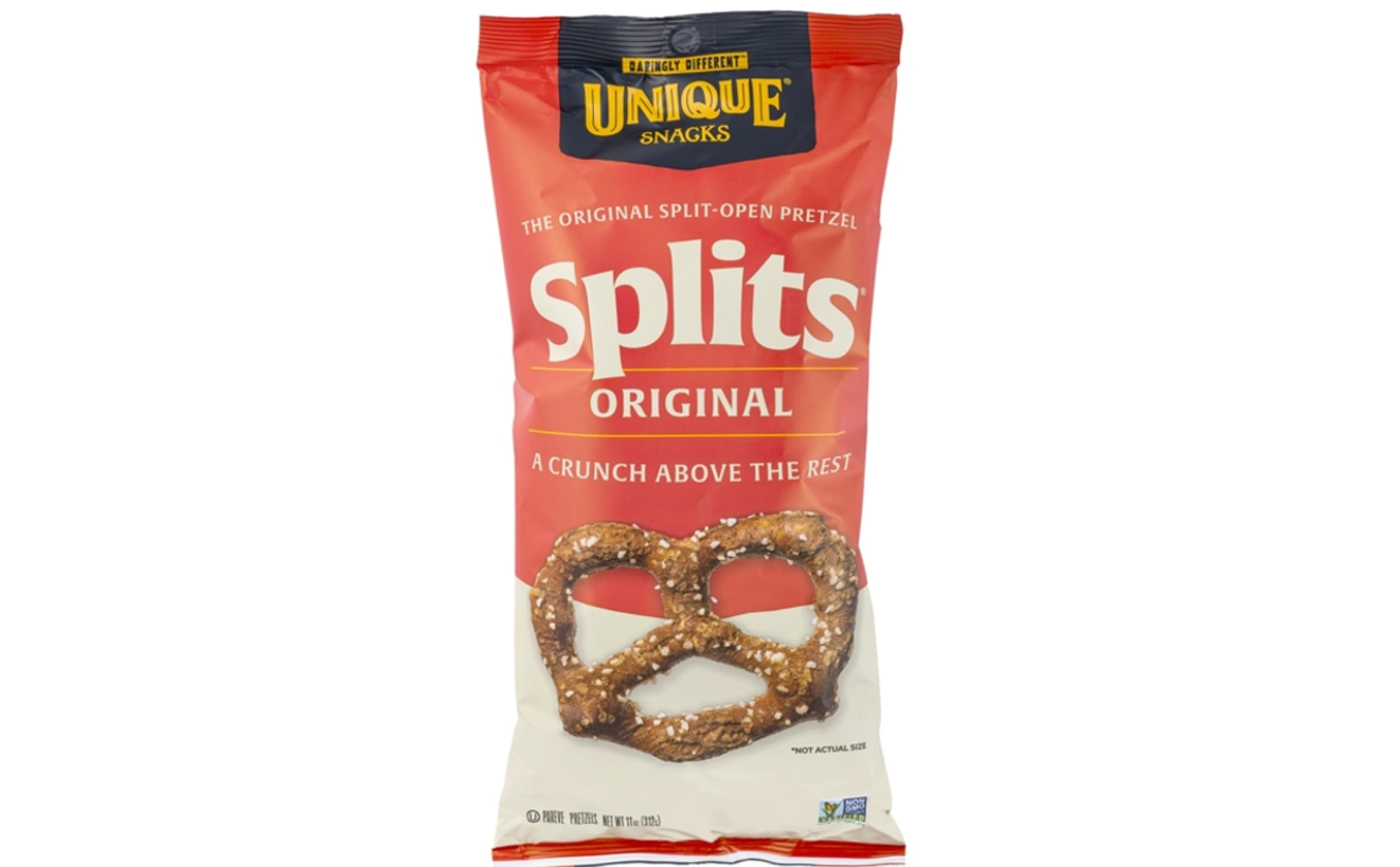 Unique Snacks “Splits Original” pretzels showcased in the brand’s bold new packaging, reflecting the company’s refreshed identity and “Daringly Different” rebrand launching nationwide in January 2026.