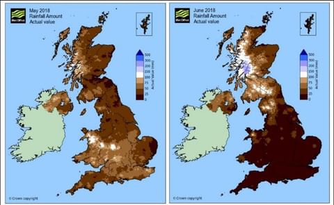 In the United Kingdom, May and June combined have been the hottest and fifth driest on record. High temperatures combined with the lack of rain has led to soil moisture conditions at the end of June being the driest on record, for the UK as a whole. In the United Kingdom, May and June combined have been the hottest and fifth driest on record. High temperatures combined with the lack of rain has led to soil moisture conditions at the end of June being the driest on record, for the UK as a whole.