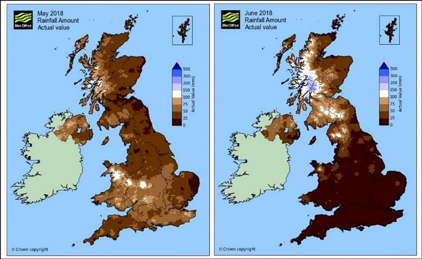 In the United Kingdom, May and June combined have been the hottest and fifth driest on record.  High temperatures combined with the lack of rain has led to soil moisture conditions at the end of June being the driest on record, for the UK as a whole.