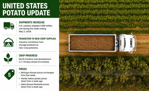 United States potato shipments increased during the week ending May 2, 2026, as the industry continued transitioning from storage potatoes to new-crop supplies across several growing regions. United States potato shipments increased during the week ending May 2, 2026, as the industry continued transitioning from storage potatoes to new-crop supplies across several growing regions.