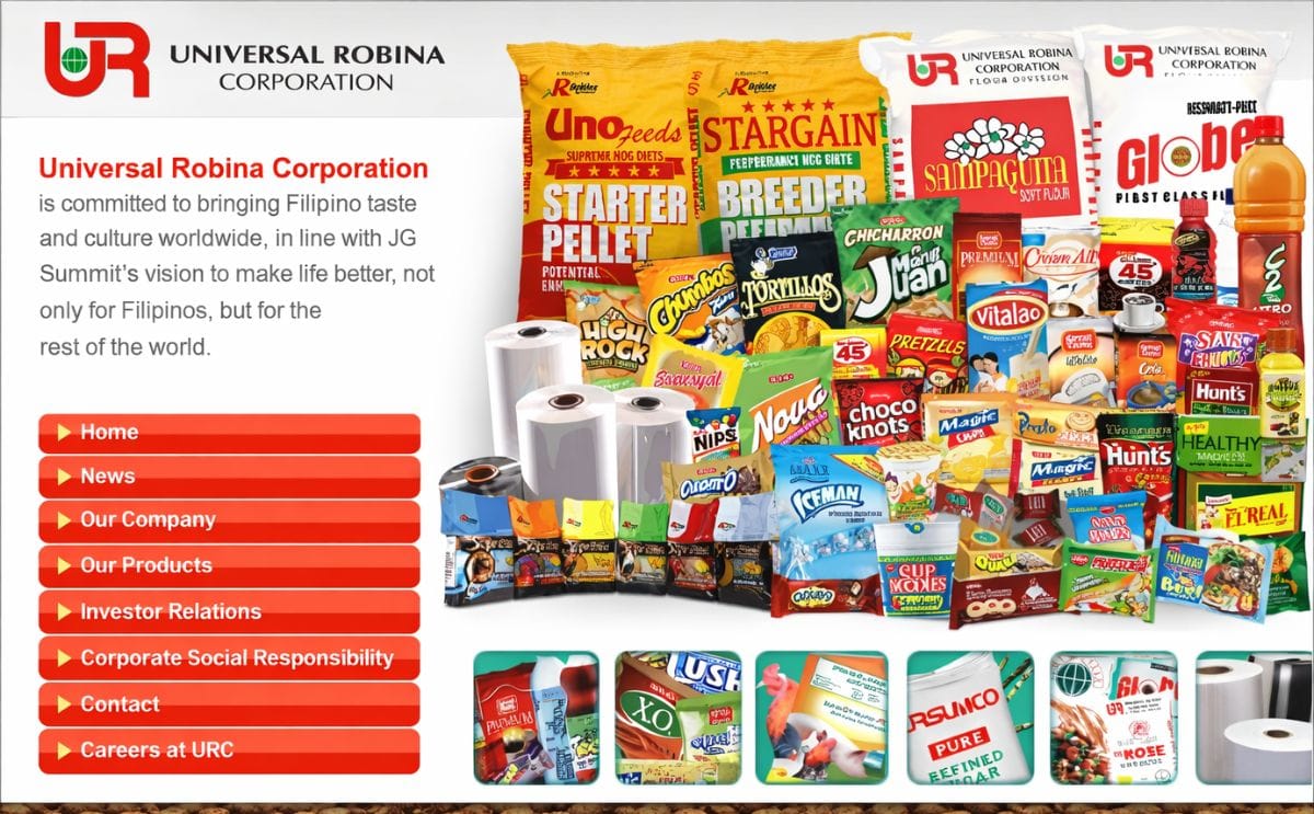 Overview of the wide range of products the Philippine company Universal Robina Corp. is offering (website screenshot)