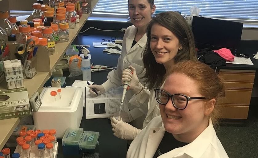 Announced in September 2018, the new University of Tennessee Center for Agricultural Synthetic Biology is already staffed. Shown from rear to front are Taylor Frazier-Douglas, a postdoctoral member of the research team, as well as Holly Brabazon, research