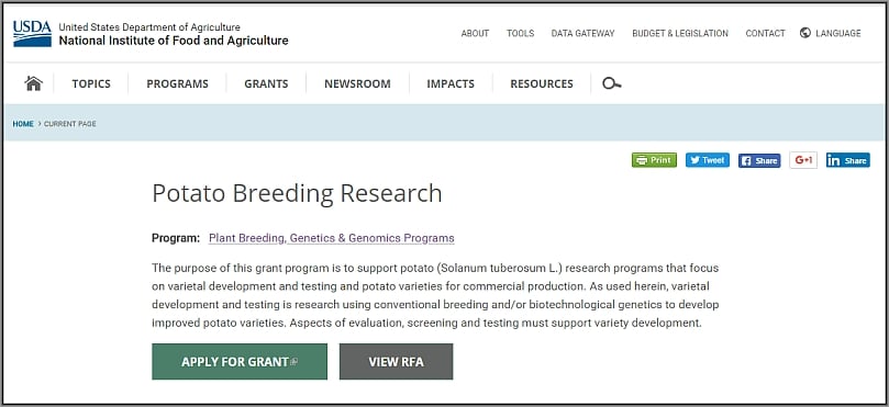 See the request for applications on the NIFA Potato Breeding Research web page for more information.
