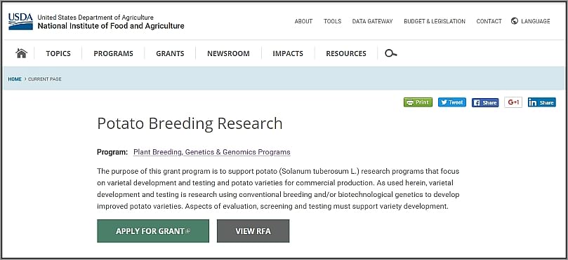 See the request for applications on the NIFA Potato Breeding Research web page for more information.
See the request for applications on the NIFA Potato Breeding Research web page for more information.