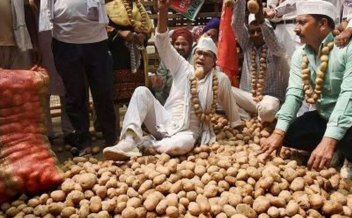 Uttar Pradesh Farmers hand out Potatoes for Free in Delhi to protest low prices