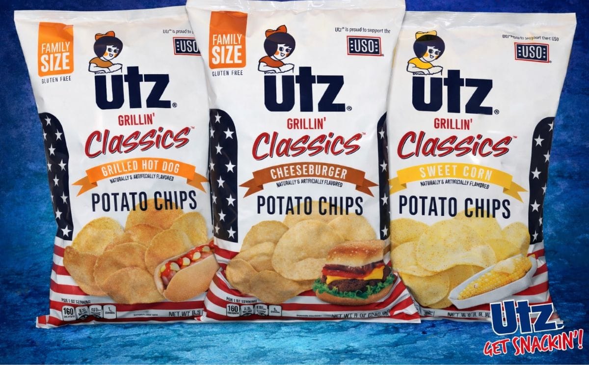 The New limited-time only All-American Utz Grillin' Classic Potato Chips are available in three flavors: Cheeseburger, Grilled-Hot Dog and Sweet Corn.